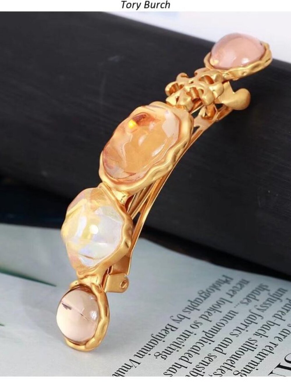 Tory Burch Gold-Tone Barrette with Iridescent Pink Cabochons
